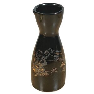 Japanese Black Cloisonné Sake Flask Pitcher Vase Carafe Gold Landscape Boat VTG